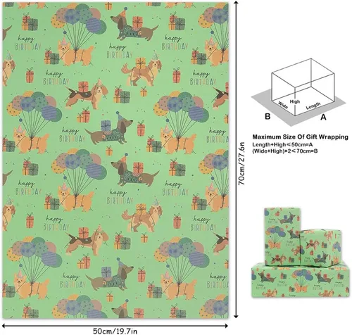 Vista 2 de Apol Papel de regalo de feliz cumpleaños, papel de regalo para cachorros, 4 hojas plegadas, papel de estraza para niños, niñas, mujeres, hombres