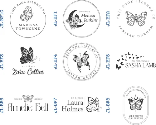 Vista 2 de Pickled Stamps Sello de madera personalizado para libros de biblioteca, tema de mariposa, sello rectangular personalizado de 2 x 2 pulgadas, negro