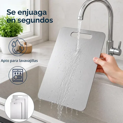 Vista 4 de Tabla de cortar de acero inoxidable, uso de doble cara, para cortar carne, frutas, verduras, apta para lavavajillas, tablas de cortar de 13 x 8