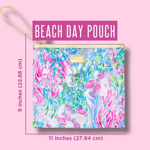 Vista 2 de Lilly Pulitzer Funda de vinilo resistente al agua para la playa, bolsa con cremallera incluye protector de bebidas, funda pequeña y clips para toalla