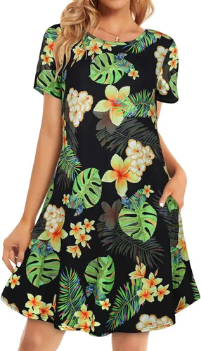 Vista 31 de Vestidos de verano para mujer, informales, holgados, estilo camiseta, florales, de manga corta, con vuelo y bolsillos, para la playa