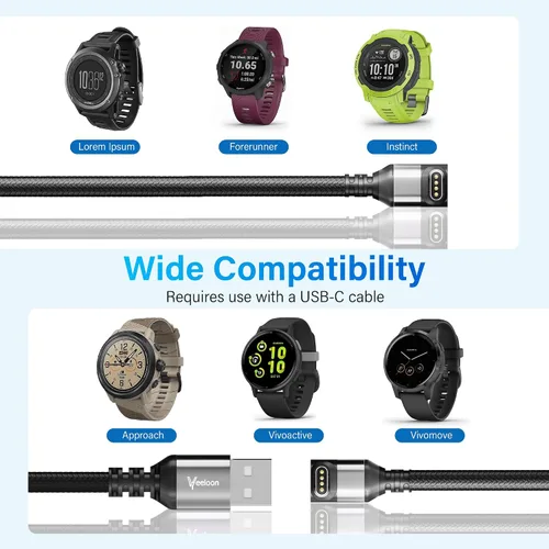 Vista 6 de Cable cargador de reloj Garmin en ángulo recto de 6 pies, paquete de 2 unidades, USB A de 90 grados a Garmin Cable adaptador de carga rápida