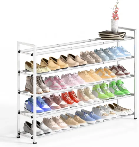 Vista 16 de Bumusty estante de zapatos de 2 niveles largo y expandible para clóset, estante de zapatos ajustable de 46-112 cm para entrada, estante organizador