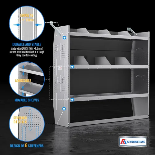 Vista 6 de AA Products SH-4605 (2) Sistema de almacenamiento de estanterías de techo bajo/medio/alto para furgonetas de techo bajo, medio y alto, compatible