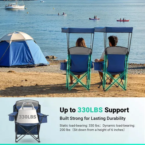 Vista 6 de Overmont - Silla de camping con toldo de 330 libras, silla de playa plegable resistente con bolsa enfriadora de 3 L, soporte de respaldo alto
