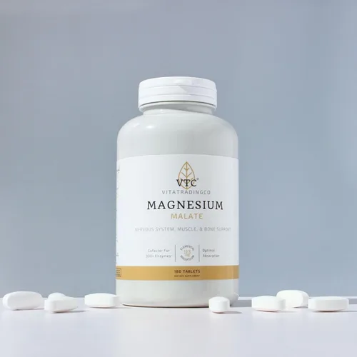 Vista 4 de VTC VitaTradingCo. Malato de magnesio 113 mg de magnesio elemental Cofactor para más de 300 enzimas Suave y altamente absorbente Soporte