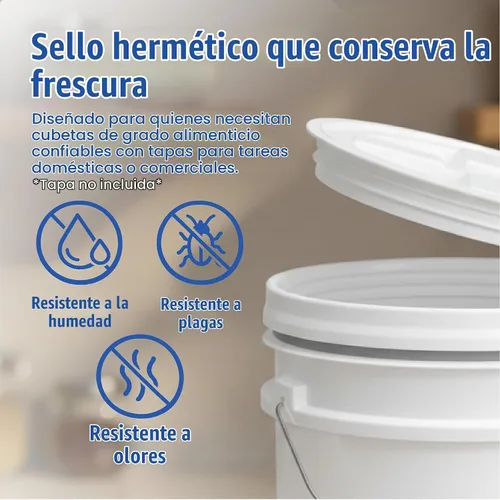 Vista 5 de Paquete de 6 cubetas prémium de 5 galones, HDPE de grado alimenticio sin BPA, color blanco, sin tapa