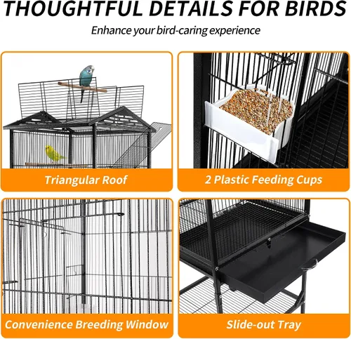 Vista 2 de WeGear Jaula para pájaros de hierro forjado de 47 pulgadas con tapa abierta y soporte rodante, jaula para pájaros mediana y pequeña para loros