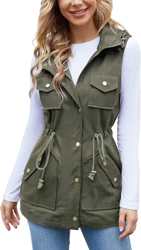 Vista 3 de BBX Lephsnt Chaleco utilitario para mujer, con cordón en la cintura, chaqueta militar sin mangas