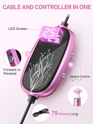 Vista 2 de Subay Kit profesional de manicura y pedicura, juego de taladro eléctrico para uñas con pantalla LED, 25000 RPM, 11 accesorios más 20 bandas