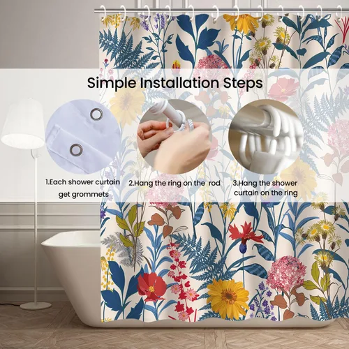 Vista 5 de RosieLily Cortinas de ducha, juego de cortinas de ducha florales con 12 ganchos, cortinas de ducha coloridas florales y hojas, decoración de baño