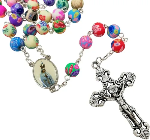 Vista 3 de TALISMAN4U Collar de rosario católico con cuentas de polímero de colores Nuestra Señora de Fátima Jesús Cruz Tierra Santa Regalo, Resina