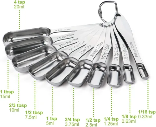 Vista 5 de FANGSUN Cucharas medidoras estrechas de acero inoxidable, cucharas medidoras de metal resistente con mango largo y medidas grabadas, juego de 10