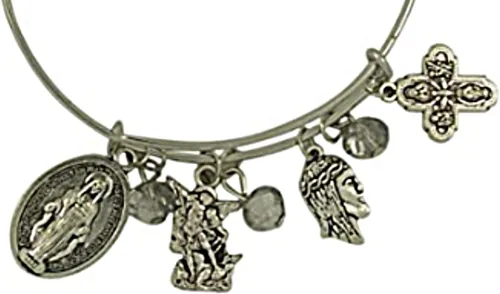 Vista 5 de Pulsera con dije católico con San Benito, San Miguel, Medalla Milagrosa, Cruz de cuatro vías, crucifijo y más colgantes de medalla, 7 12 pulgadas