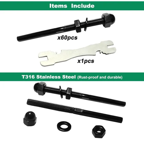 Vista 3 de Accesorios de barandilla de cable negro 1/8, kit de sistema de barandilla de cable de acero inoxidable T316, tensor de espárragos, 60 piezas