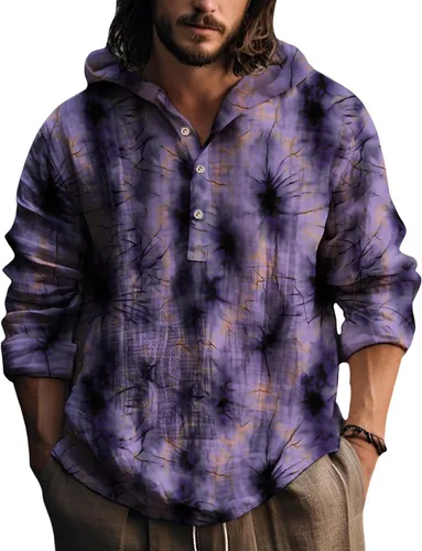 Vista 14 de Sudaderas con capucha para hombre, con estampado de teñido anudado, cuello en V, manga larga, con botones, de gran