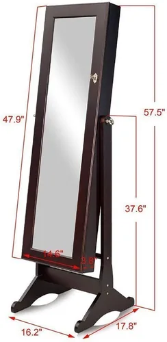 Vista 7 de GLS Armario de joyería con espejo marrón con luz LED y cerradura de madera