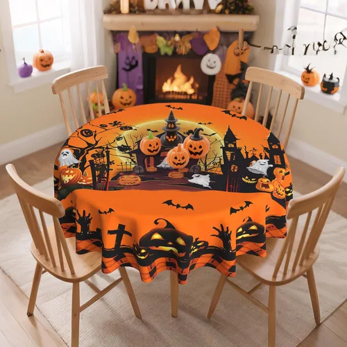 Vista 4 de Hexagram Mantel redondo de Halloween de 60 pulgadas, mantel de fantasma de calabaza
