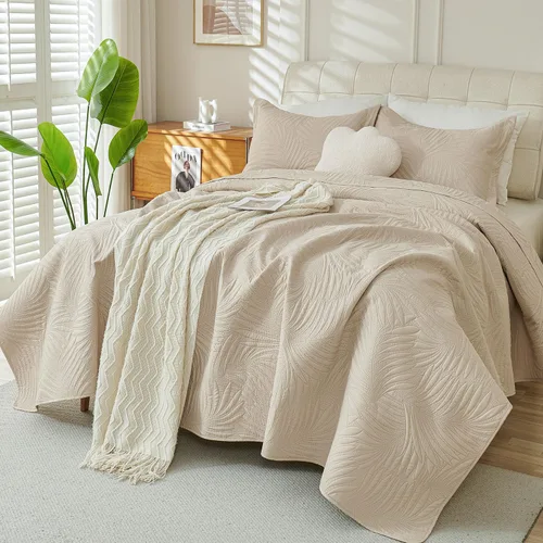 Vista 2 de Cmfshape Juego de edredón beige tamaño Queen – Ropa de cama ligera de hoja de palmera, edredón crema neutro, juego de edredón beige Queen y opción