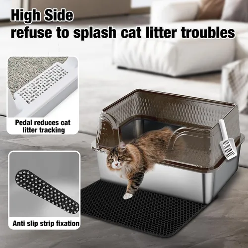Vista 3 de Suhaco Caja extra grande de arena para gatos de acero inoxidable con tapa XXL Cajas de arena para gatos con lados altos incluidas Alfombrilla