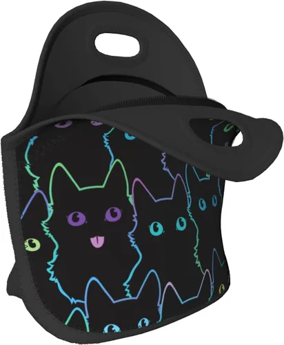 Vista 3 de Nerxy Bolsa de almuerzo de neopreno con aislamiento para gatos, bolsa pequeña para niños y adultos, bolsa térmica negra, contenedor reutilizable