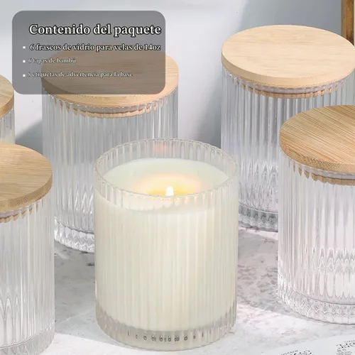 Vista 4 de Tarros de vela de vidrio transparente de 14 onzas para hacer velas, paquete de 6 frascos de vela vacíos a granel con tapas y accesorios de bambú