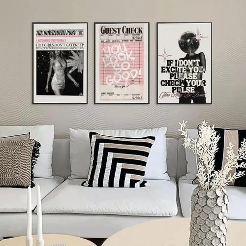 Vista 7 de Juego de arte de pared vintage en lienzo rosa con 3 imágenes de chicas geniales "You Look So Good" Póster de pinturas modernas y preparadas