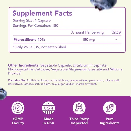 Vista 2 de Suplemento de pterostilbeno de 150 mg – Suplemento antioxidante una vez al día para un envejecimiento saludable para la piel y el cerebro inmune