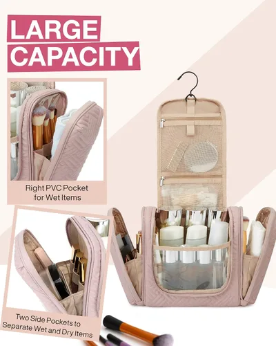 Vista 4 de BAGSMART - Estuche de viaje para cosméticos y artículos de aseo personal a prueba de agua con gancho para colgar, neceser organizador de viaje