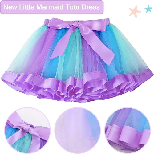 Vista 5 de ADREIT Conjunto de disfraz de sirena de cumpleaños para niñas con collar de corona, vestido de tutú arcoíris para fiesta de cumpleaños de Halloween