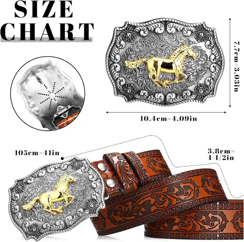 Vista 2 de Xuniea Cinturón de hebilla de cuero de vaquero occidental con diseño de caballo con hebilla grabada floral para hombres