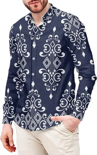 Vista 6 de Camisas aztecas grandes y altas para hombre, diseño étnico azteca tribal del suroeste, camiseta delgada de manga larga con botones
