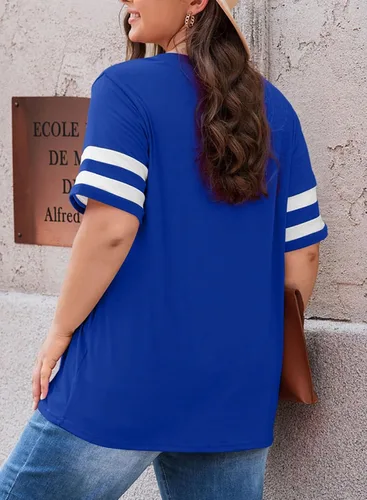 Vista 40 de Eytino Blusas de talla grande para mujer, cuello en V, manga corta, a rayas, casual, holgada, con bolsillo (1X-5X)