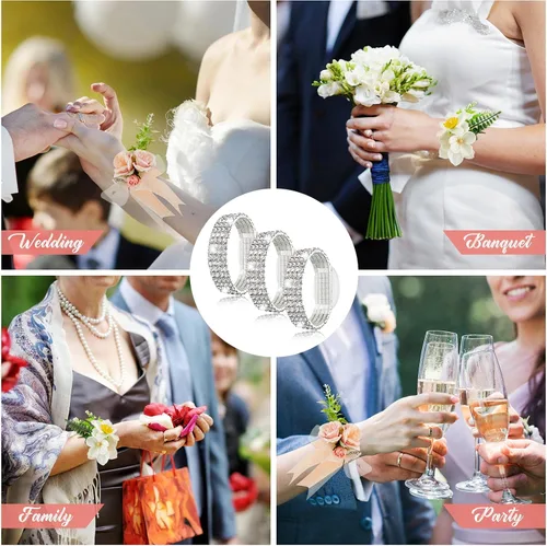 Vista 6 de Junkin 6 pulseras de ramillete con diamantes de imitación, elásticas, para decoración de bodas, bailes de graduación, aniversario (plateado)