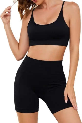 Vista 3 de Conjuntos de entrenamiento para mujer, 3 piezas, sin costuras, acanalados, sin mangas, cintura alta, pantalones cortos de yoga