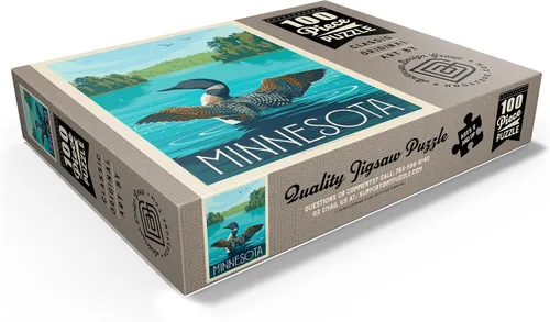 Vista 3 de MyPuzzle Minnesota: Loon, Póster vintage, rompecabezas prémium de 100 piezas para adultos