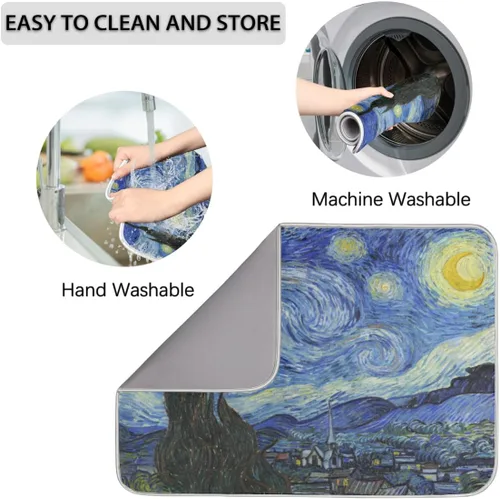 Vista 4 de Tapete de secado de platos de cielo estrellado para cocina, tapete de café, absorbente de agua, resistente al calor, tapete de microfibra