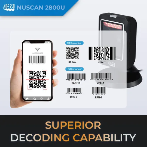 Vista 2 de Adesso NuScan 2800U Omnidireccional 2D Escáner de código de barras de escritorio USB