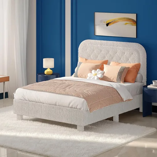Vista 10 de VINGLI Base de cama individual para niños, cama de plataforma tapizada Boucle con cabecera ajustable, soporte de listones de madera resistente, cama