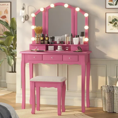 Vista 8 de Tiptiper Tocador de maquillaje con espejo y taburete triple iluminado
