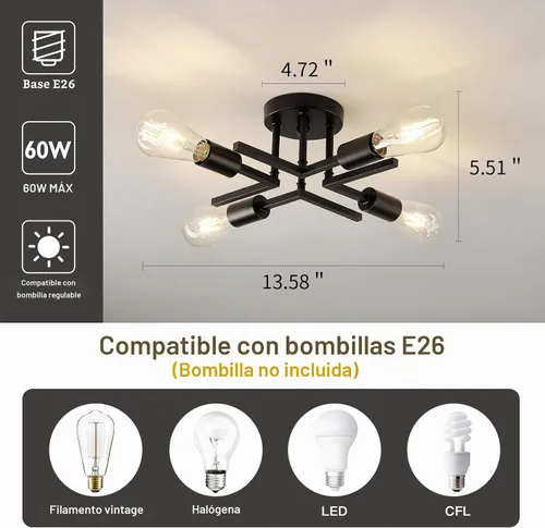 Vista 2 de Accesorio de Lámpara de Techo Industrial Semiempotrada de 4 Luces, Candelabro Sputnik Moderno de Metal Negro con Base de Bombilla E26, Luz Pegada al