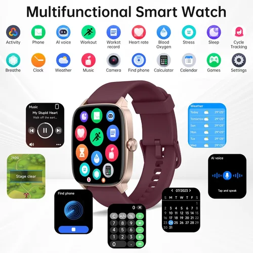 Vista 4 de Relojes inteligentes para mujeres y hombres con llamada Bluetooth y voz AI, monitor de actividad física HD de 1.85 pulgadas con monitor de sueño