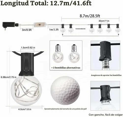 Vista 6 de Luces de Cadena LED para Exteriores, 30 Pies Conectables G40 Luz de Patio Exterior Impermeable con 30 Bombillas LED, Luces Decorativas de Café RGB