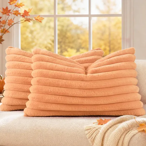 Vista 36 de decorUhome Fundas de almohada de piel sintética, juego de 2, decorativas, afelpadas, suaves, afelpadas, a rayas, parte posterior de terciopelo