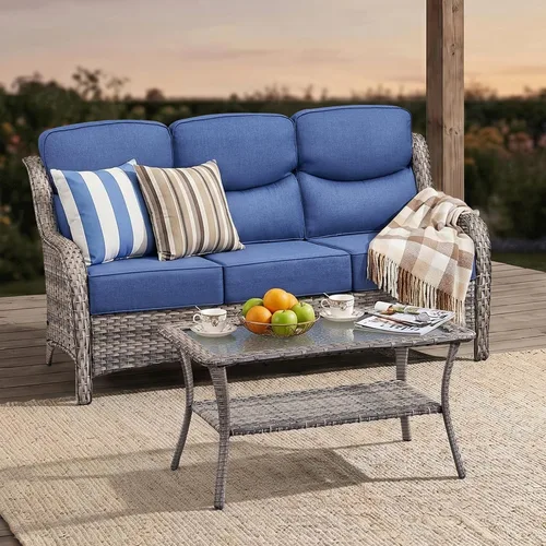 Vista 19 de Sofá de lujo para patio al aire libre, sofá de mimbre resistente para todo tipo de clima, sofá de 3 plazas con asiento profundo y funda extraíble
