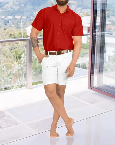 Vista 3 de LA LEELA Camisas casuales de manga corta con botones para hombre, para playa, verano, color liso, para trabajo, vacaciones, campamento, camisas