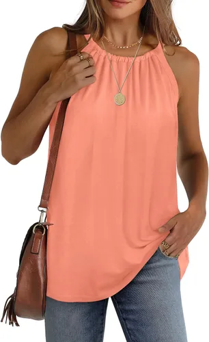 Vista 2 de WIHOLL Camisetas sin mangas de verano con cuello halter para mujer, plisadas, holgadas, sin mangas