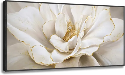 Vista 23 de Cuadro de flores para sala de estar, arte de pared floral azul y blanco sobre lienzo con detalles dorados para decoración de dormitorio gris, 32 x