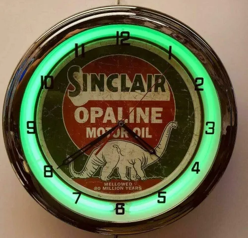 Vista 2 de Reloj de Neón Verde de 16 pulgadas con Letrero de Aceite de Motor Sinclair Opaline para Gasolinera