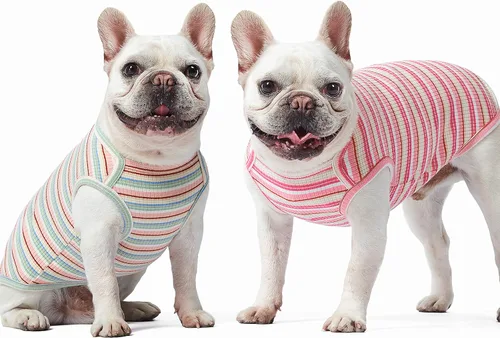 Vista 2 de Camisas para perros, chaleco de algodón a rayas, ropa elástica sin mangas para perros pequeños, paquete de 2 camisetas suaves y transpirables
